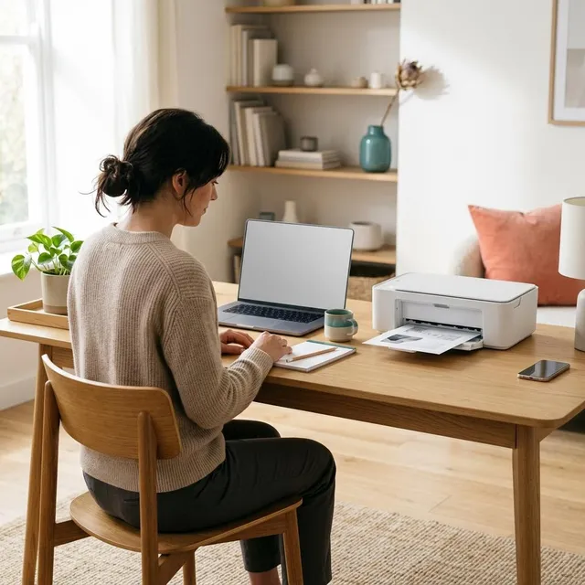 A person at a desk beside a small white printer as it prints its first page