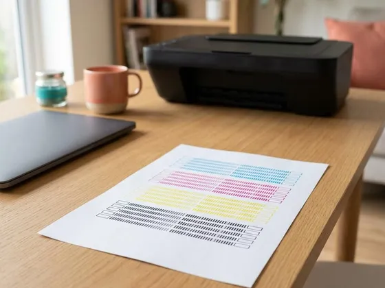 A printed nozzle check page with neat grids of cyan, magenta, yellow and black lines