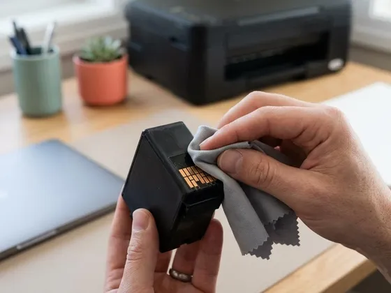 A lint-free cloth gently wiping the copper contacts on an ink cartridge