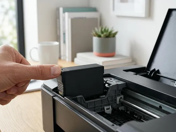 A thumb pressing an ink cartridge into the printer carriage until it clicks