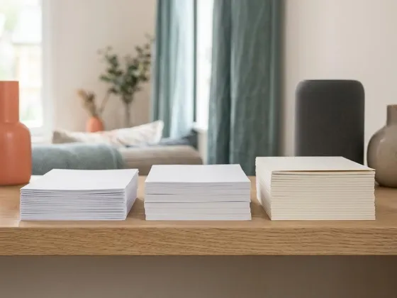 Three small paper stacks of different thickness, from thin copy paper to thick card