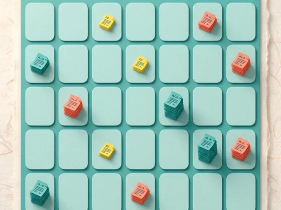A calendar grid with small colored page icons on several days