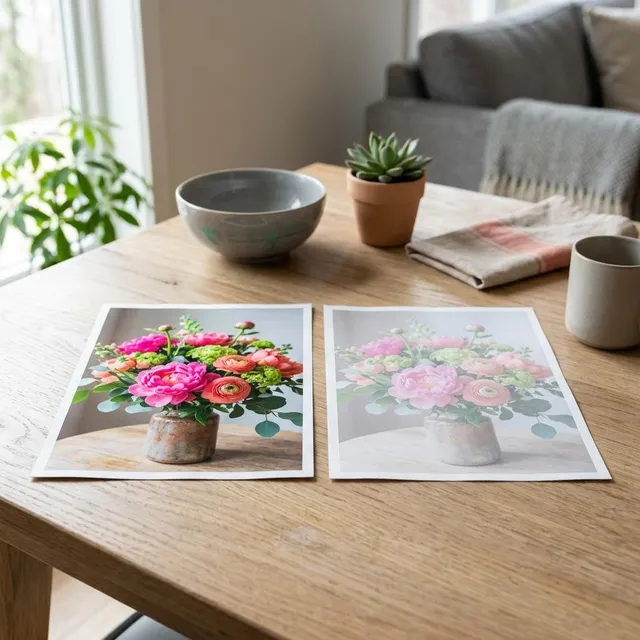 Two prints of the same flower photo side by side, one vivid and one pale