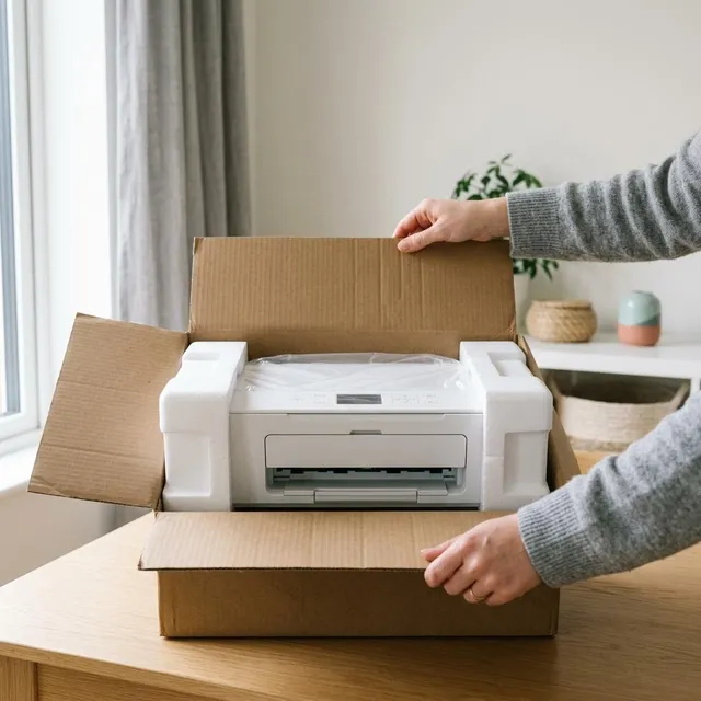 Hands opening a cardboard box with a new white printer inside protective foam