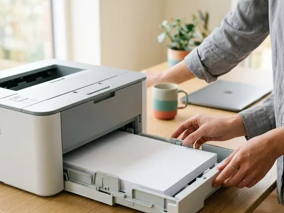 Hands loading white paper into a printer tray and adjusting the side guides