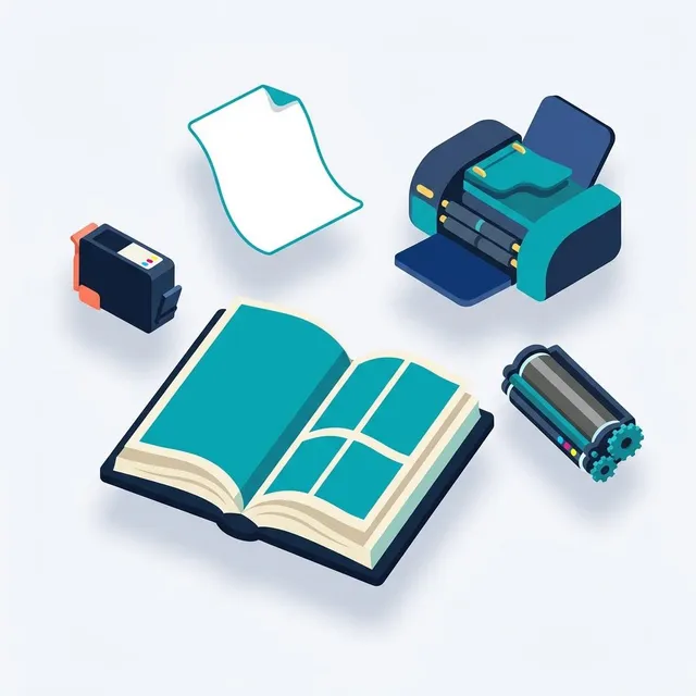 Illustration of an open book with printer parts floating around it