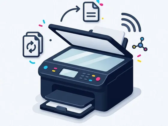 Illustration of an all-in-one printer surrounded by icons for scanning, two-sided printing and wireless