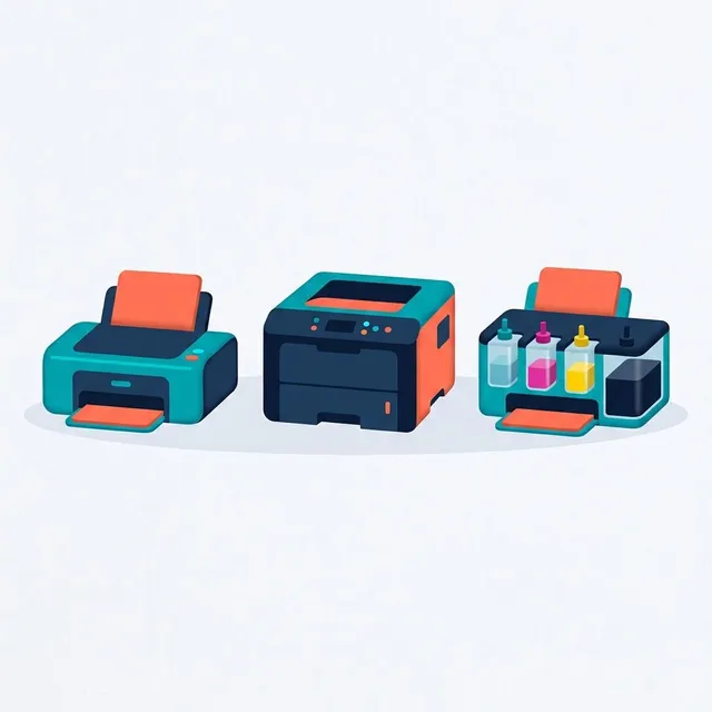 Illustration of a compact inkjet, a boxy laser printer and an ink-tank printer side by side
