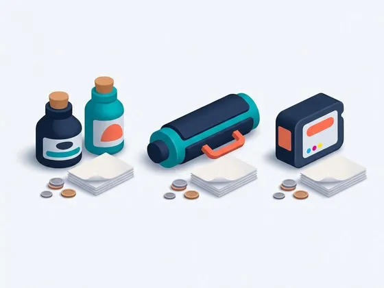 Illustration of ink bottles, a toner cartridge and an ink cartridge each beside pages and coins