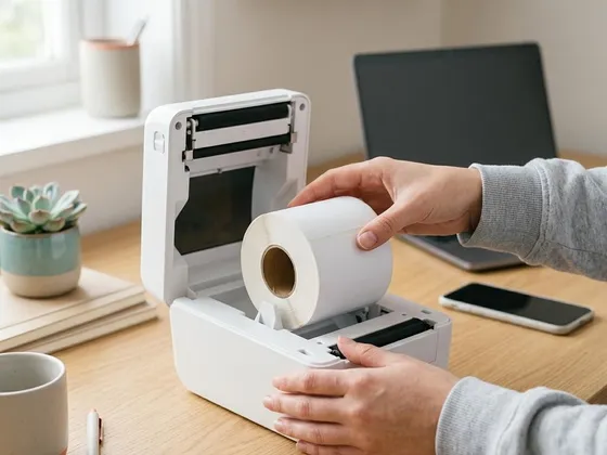 Hands placing a roll of blank white labels into an open label printer