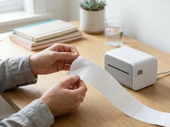 Fingers peeling a blank adhesive label off its backing next to a small label printer