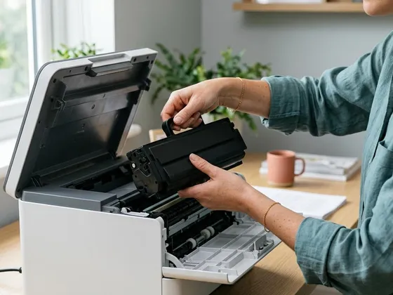Hands lifting a black toner cartridge out of an open laser printer