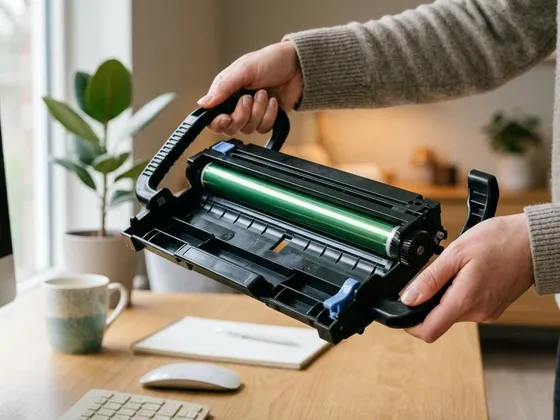 Hands holding a printer drum unit by its plastic handles, the drum surface untouched