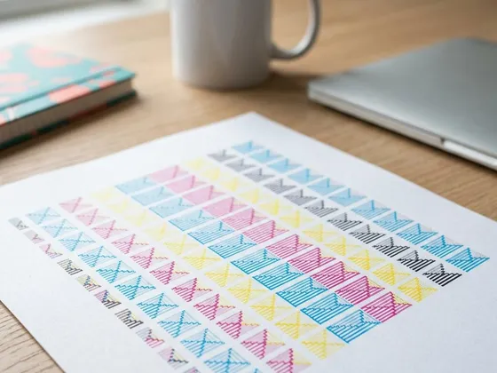 Close-up of a printed grid of fine cyan, magenta, yellow and black stair-step lines