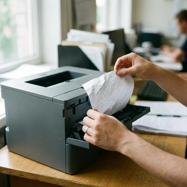 Two hands gently easing a crumpled sheet of paper out of the front of a grey printer