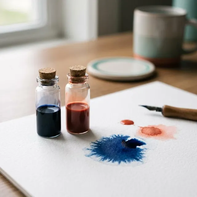 Two small ink bottles beside spots of dark blue and red ink on white paper