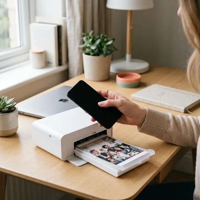 A hand holding a phone near a compact white printer that is printing a photo