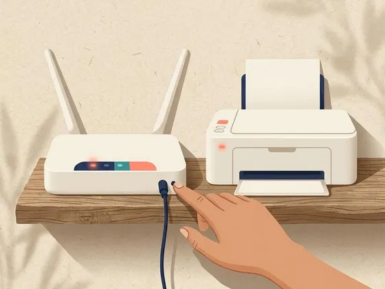 A hand reaching towards a white router next to a plain printer