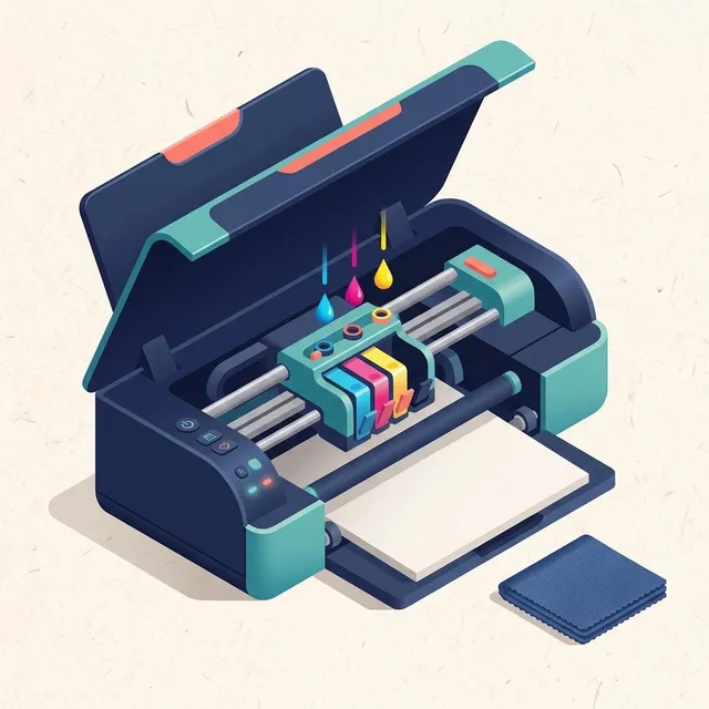 Illustration of an open inkjet printer with ink drops and a folded cleaning cloth beside it