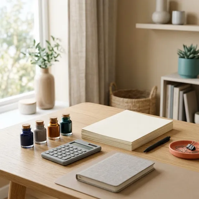 A tidy desk with a stack of printed pages, a calculator and unlabelled ink bottles