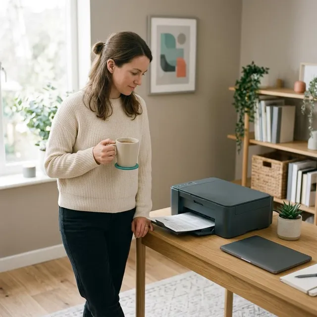 A person with a coffee mug waiting beside a printer in a home office