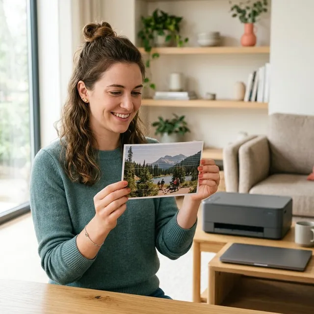 A person holding up a printed color photo with faint horizontal white lines across it