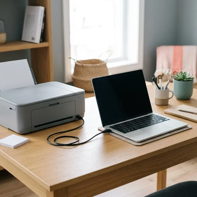 A gray printer connected by a single USB cable to a laptop on a tidy desk
