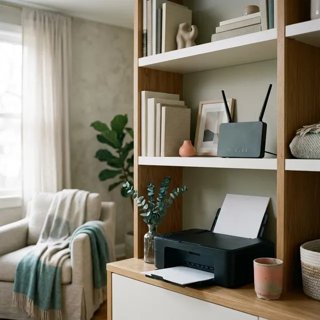 A printer and a wireless router on different shelves of a living room bookcase