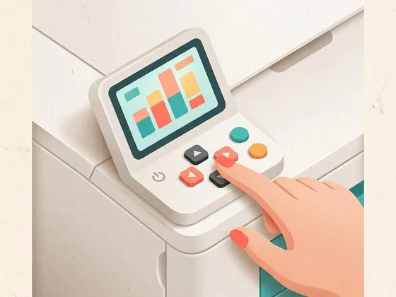 A hand pressing arrow keys on the small control panel of a plain printer
