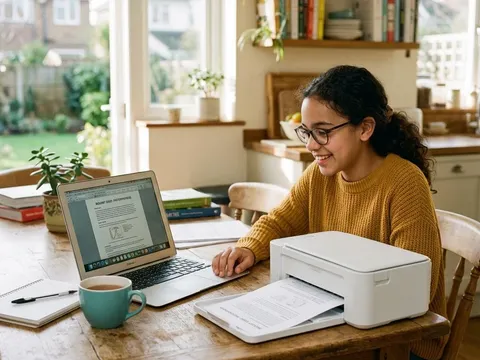 A student printing a page at a kitchen table
