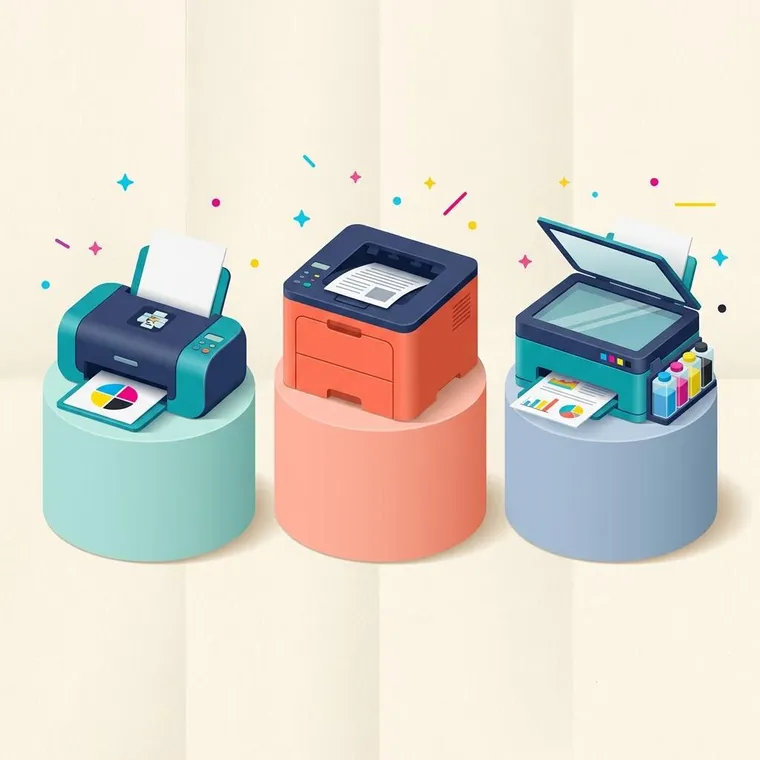 Illustration of three printer styles on pastel pedestals