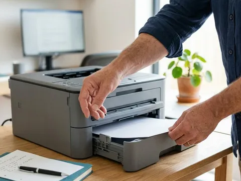 Hands opening the paper tray of a plain grey printer