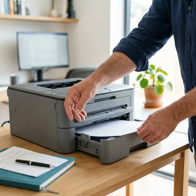 Hands opening the front paper tray of a plain grey printer