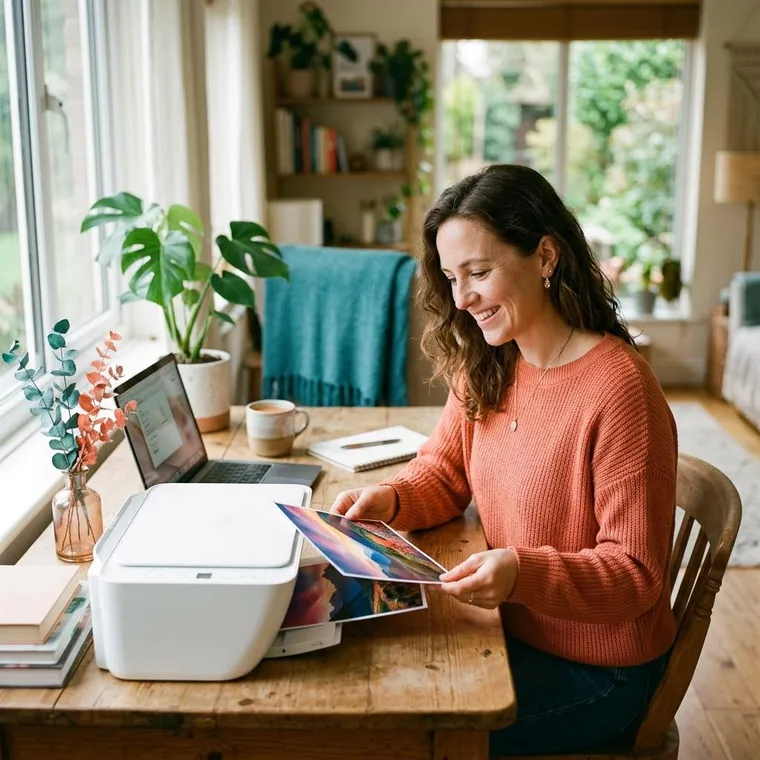 A woman at a sunlit desk lifting a freshly printed color photo from a white home printer