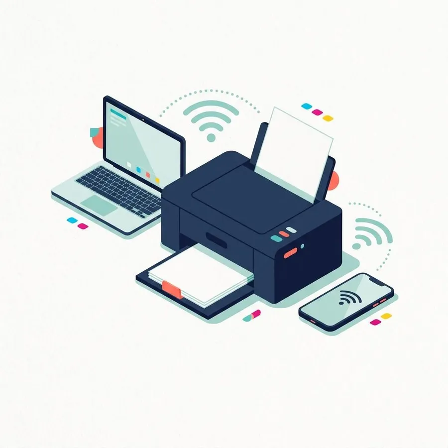 Flat illustration of a printer, a laptop and a phone linked by wireless arcs