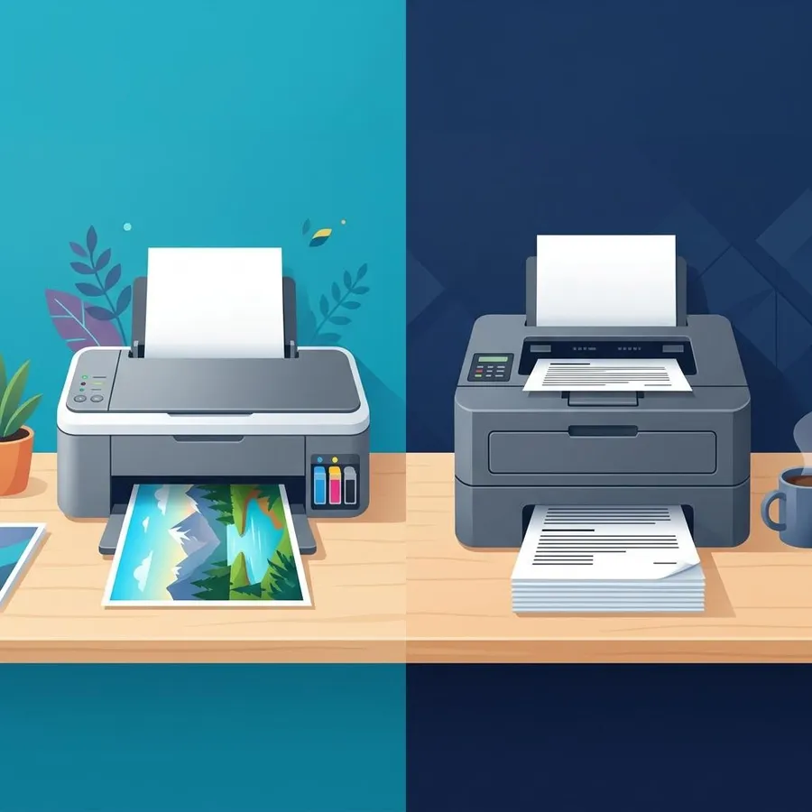 Split illustration comparing an inkjet printer on one side and a laser printer on the other