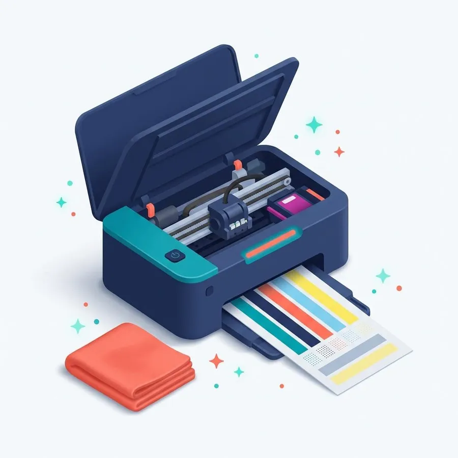 Flat illustration of printer care with a cleaning cloth and a test page